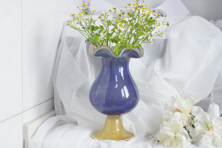 Handblown Fluted Pedestal Art Glass Trumpet Vase Stornfield