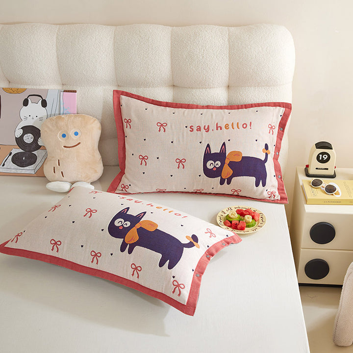 Decorative Cotton Pillowcase Set with Cartoon Puppy Stripe Print