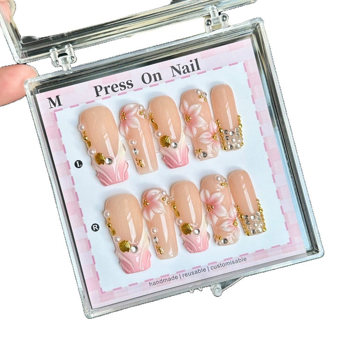 Decorative Press-On Nail Art Set with Floral and Gem Accents