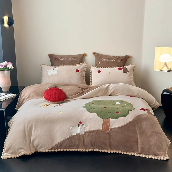 Plush Appliqué Pom-Pom Trim Duvet Cover Set