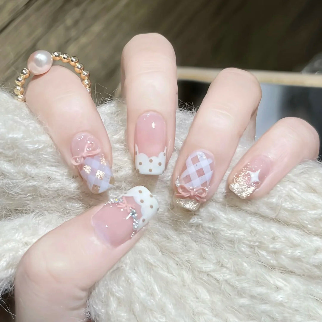 Decorative Press-On Nail Art Set with Charming Ribbon Accents Stornfield