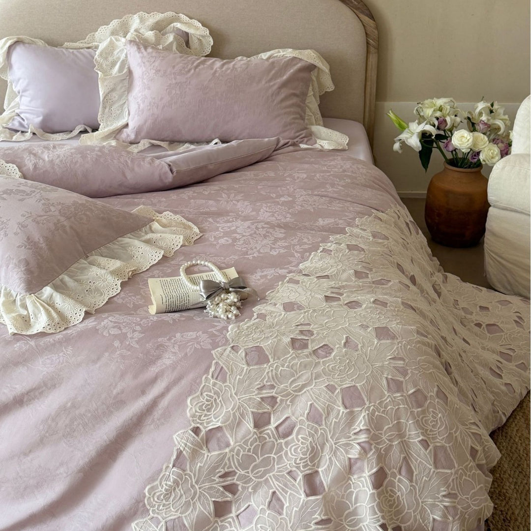 Cutwork Floral Embroidered Cotton Duvet Cover Set with Eyelet Ruffle Shams