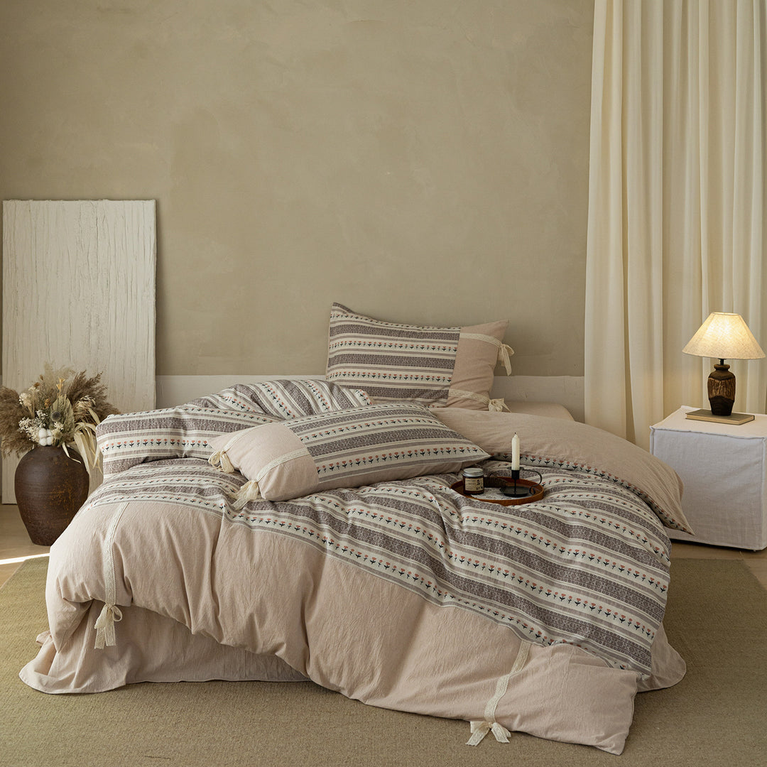 Linen-Cotton Duvet Cover Set with Tie Closures and Micro Floral Stripe