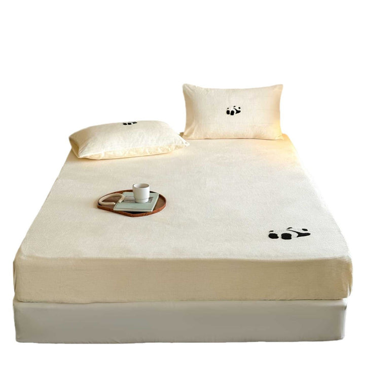 Corduroy Textured Fitted Bed Sheet and Pillowcase Set with Embroidered Panda Accents