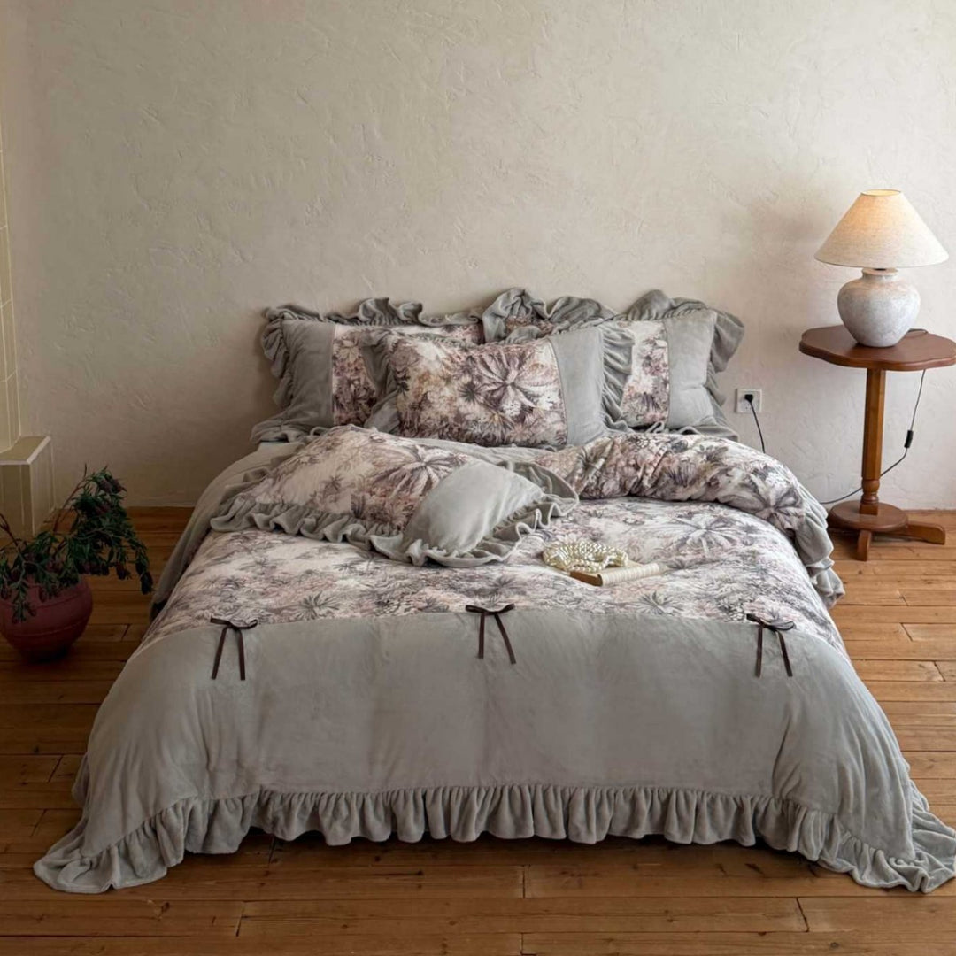 Ruffled Reversible Linen-Blend Duvet Cover Set with Botanical Print Panels & Tie Closures