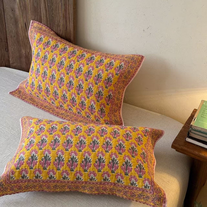 Embroidered Floral Cotton Pillowcase Shams Pair with Decorative Border