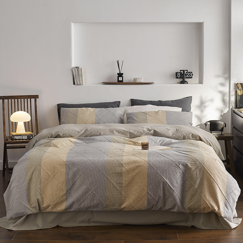 Quilted Cotton-Linen Striped Duvet Cover Set with Reversible Sateen Backing
