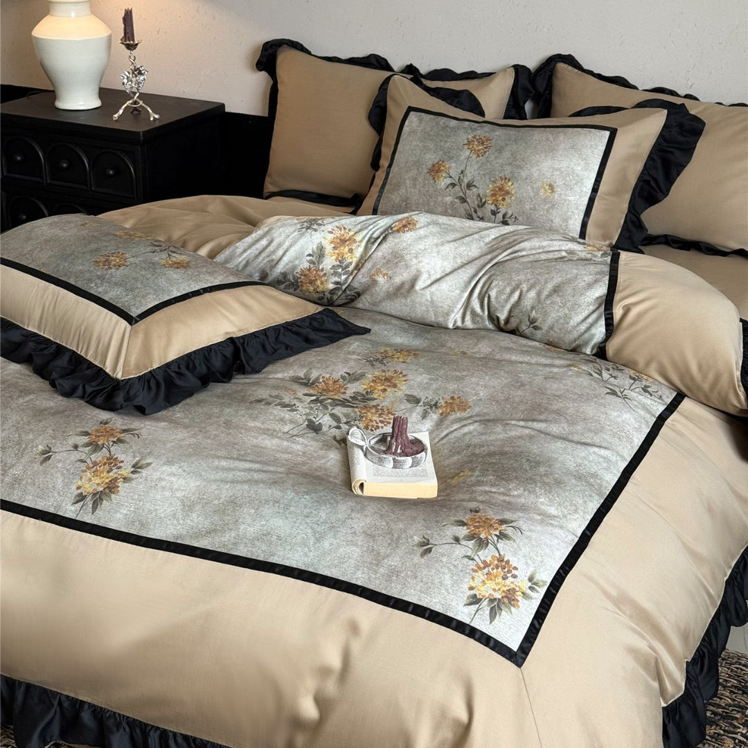 Luxury Ruffled Satin Floral Duvet Cover Set with Pillow Shams