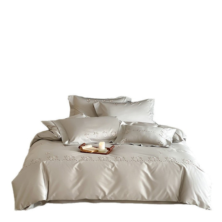 Embroidered Cotton Sateen Duvet Cover Set with Floral Border and Decorative Pillow Shams
