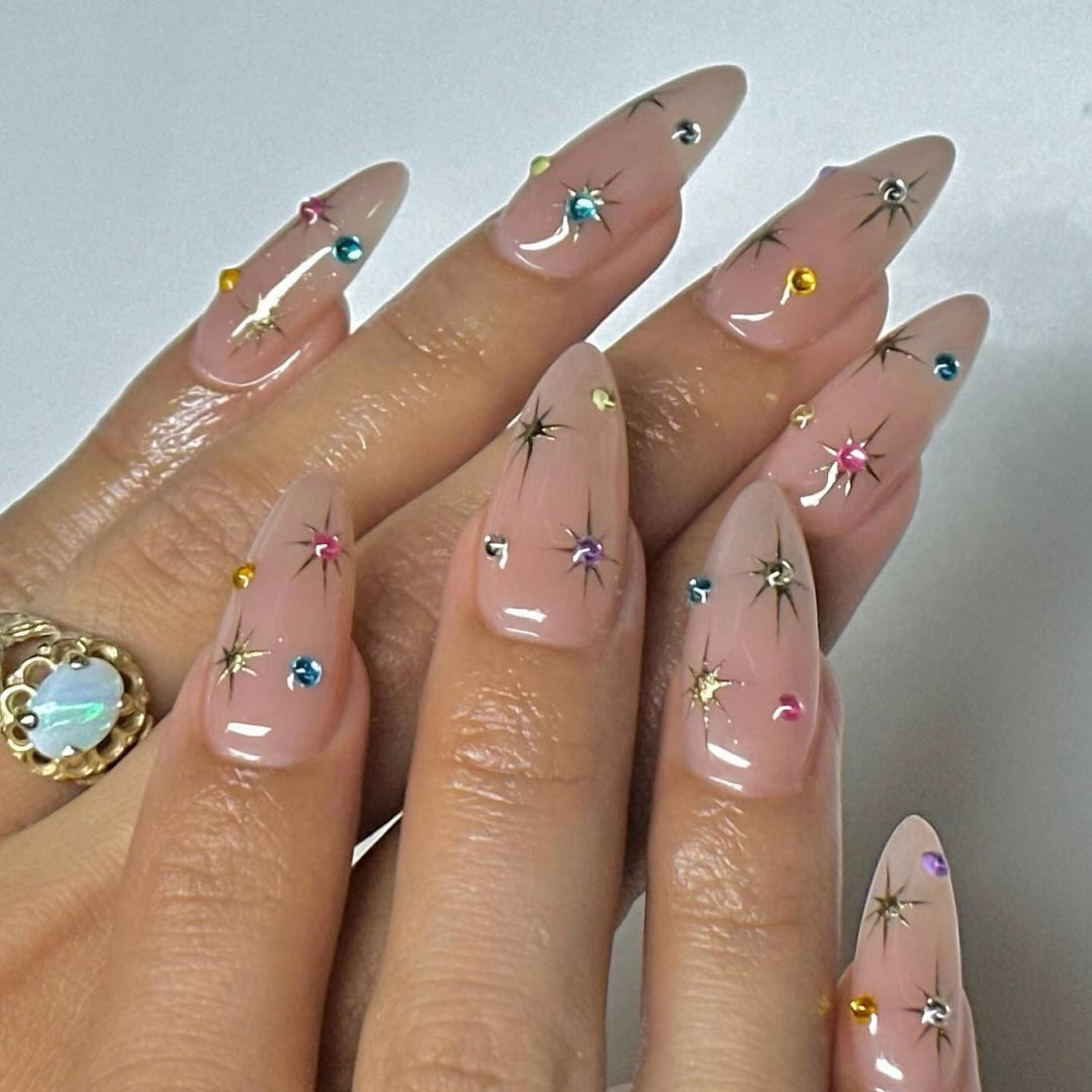 Artistic Rhinestone-Embellished Almond-Shaped Nail Extensions Stornfield