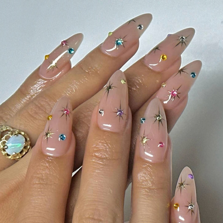 Artistic Rhinestone-Embellished Almond-Shaped Nail Extensions Stornfield
