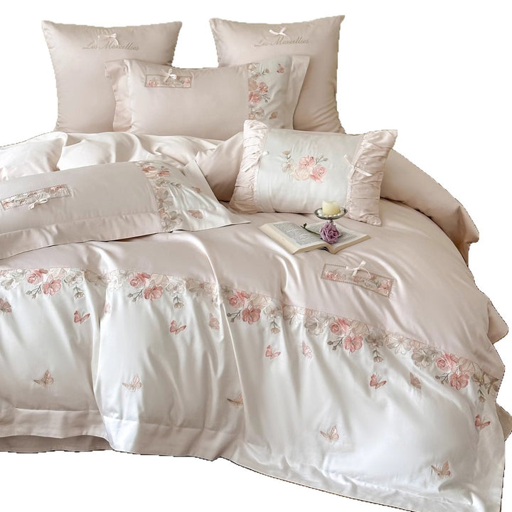 Silk-Feel Embroidered Floral Duvet Cover Set with Ruffled Accent Pillow