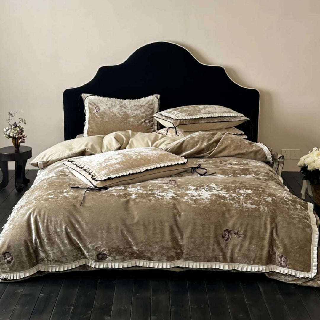 Luxurious Crushed Velvet Embroidered Duvet Cover Set with Ruffled Pleat Trim and Tie Closures