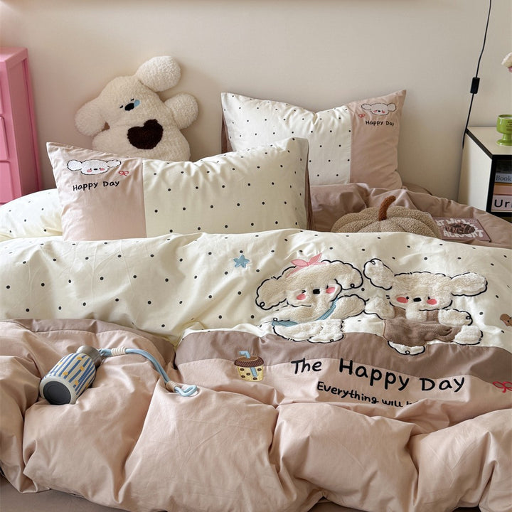 Children's Plush Embroidered Duvet Cover Set with Polka Dot Cotton Pillowcases