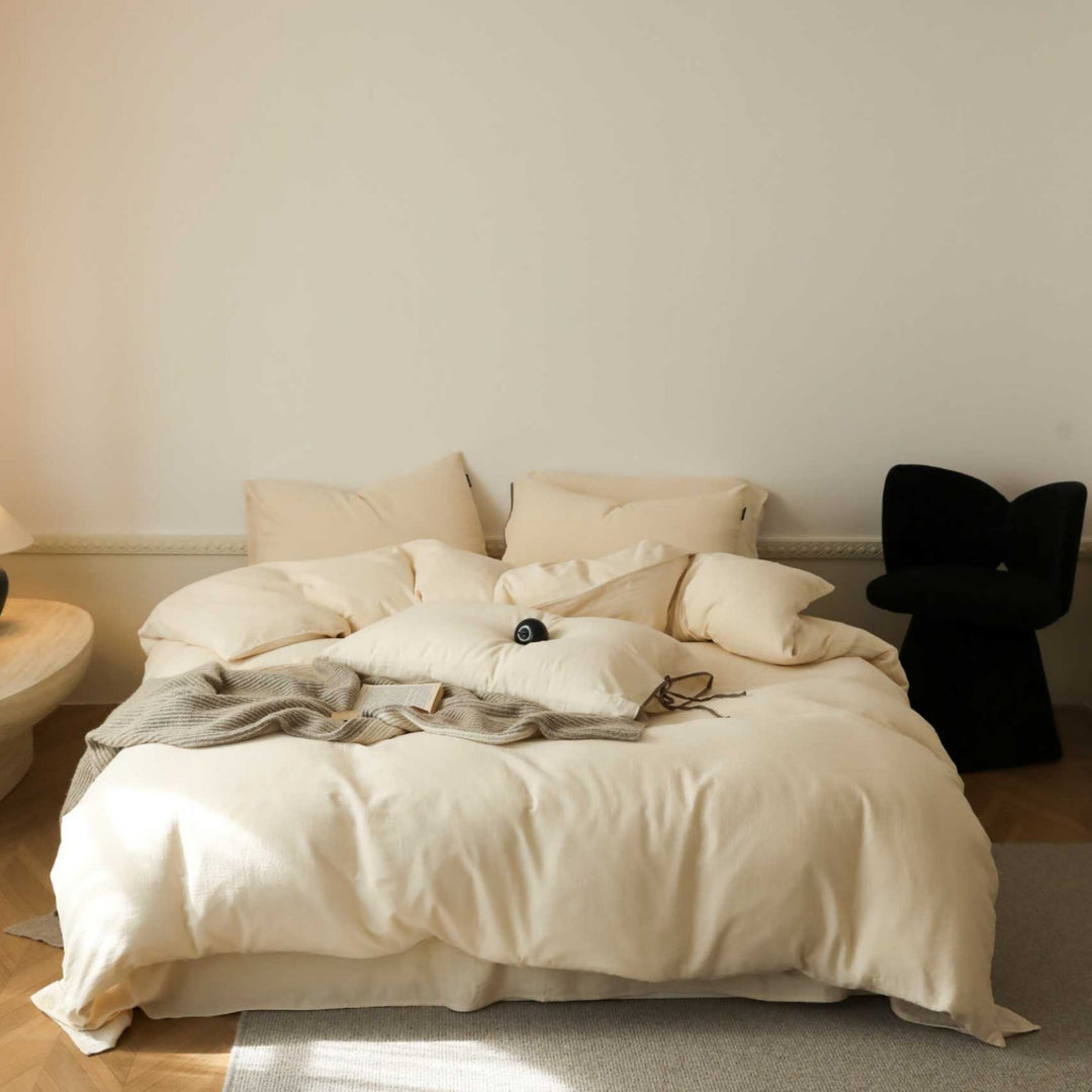 Breathable stonewashed bed linen set made of cotton-linen blend