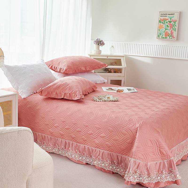 Quilted Ruffled Bedspread Set with Floral Embroidered Skirt and Pillow Shams