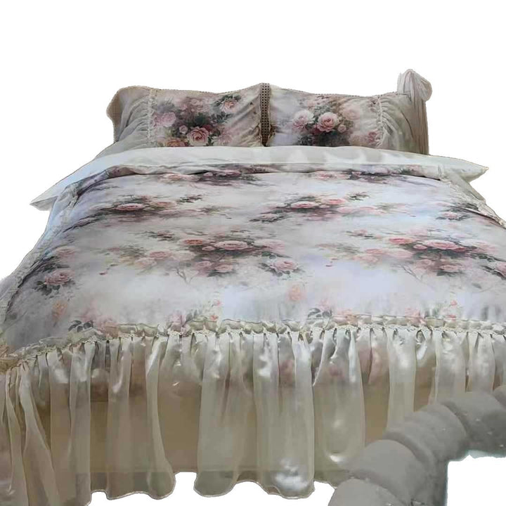 Floral Satin-Blend Ruffled Duvet Cover Set with Pillow Shams and Sheer Bed Skirt