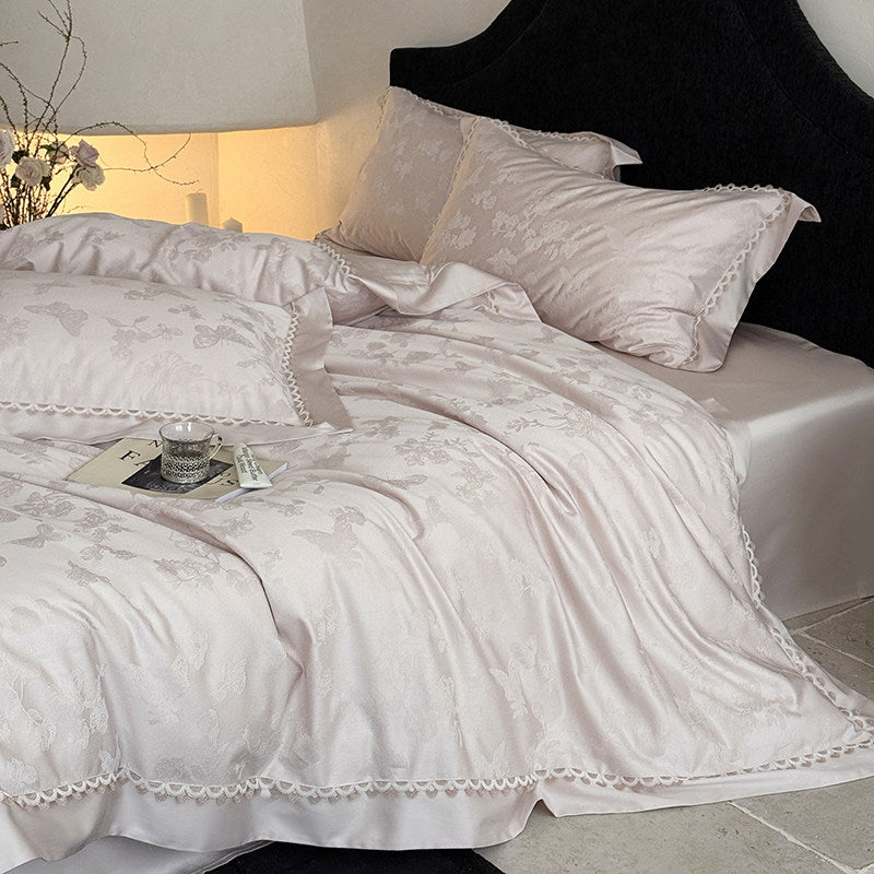 Jacquard Floral Satin-Effect Duvet Cover Set with Scalloped Lace Trim