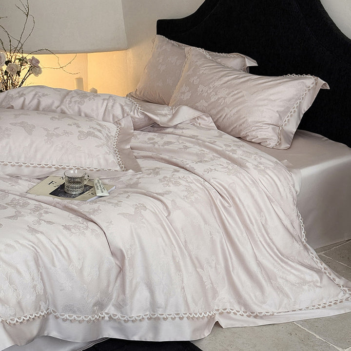 Jacquard Floral Satin-Effect Duvet Cover Set with Scalloped Lace Trim