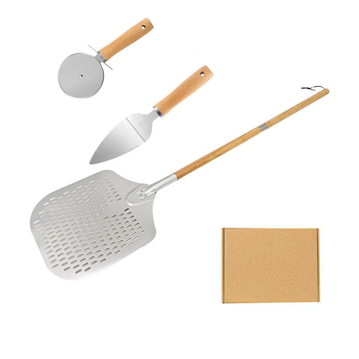 long-handled perforated pizza peel set with wooden handle stainless steel cutter and triangle server Stornfield