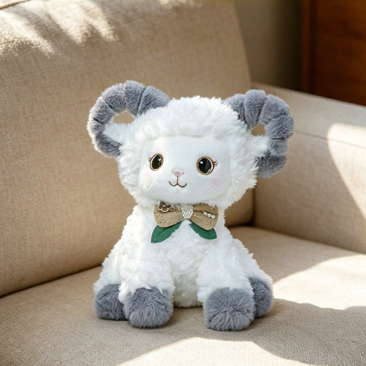 Curled-Horn Ram Plush Collectible with Embroidered Face, Bow Collar & Soft Faux Fur Stornfield