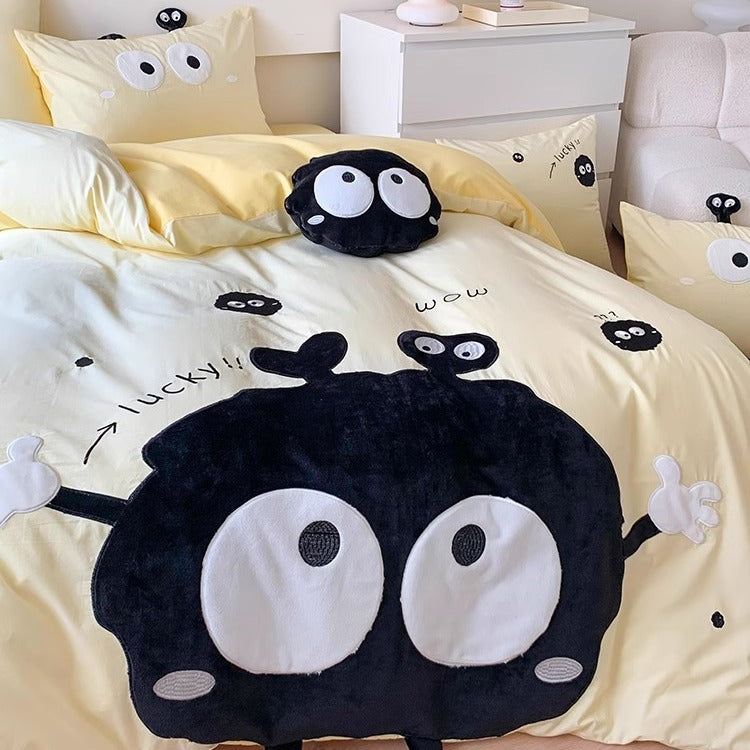 Cartoon Plush Applique Duvet Cover Set with Three-Dimensional Character and Matching Cushion