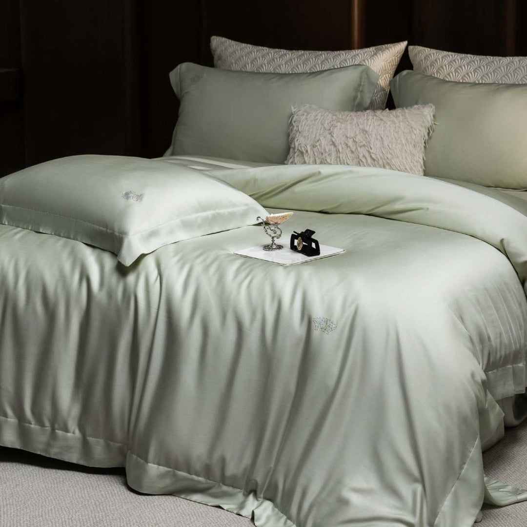 Luxurious satin bedding set made of cotton satin with a silky matte feel and tone-on-tone embroidery
