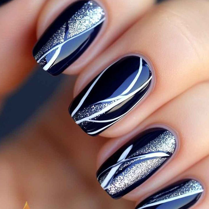 Stylish Press-On Nail Art with Glitter and Geometric Design Stornfield