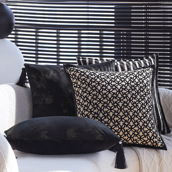 Square decorative cushion made of velvet with relief longitudinal stripes and fringe tassel Stornfield