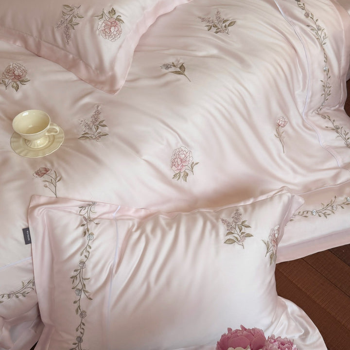 Silk-Feel Floral Embroidered Sateen Duvet Cover Ensemble with Decorative Flange and Lumbar Pillow