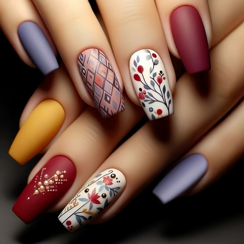Artificial Nails Set with Floral and Geometric Patterns Stornfield