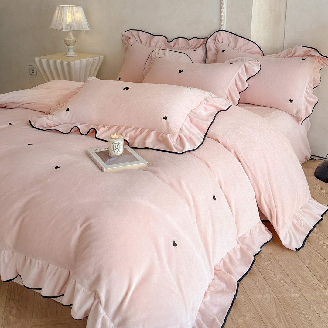 Romantic bedding set with ruffle, velvety soft microfleece surface and embroidered hearts