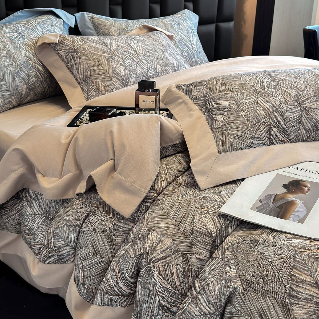 Luxury Cotton-Sateen Botanical Duvet Cover Set with Contrast Piped Hem & Euro Shams