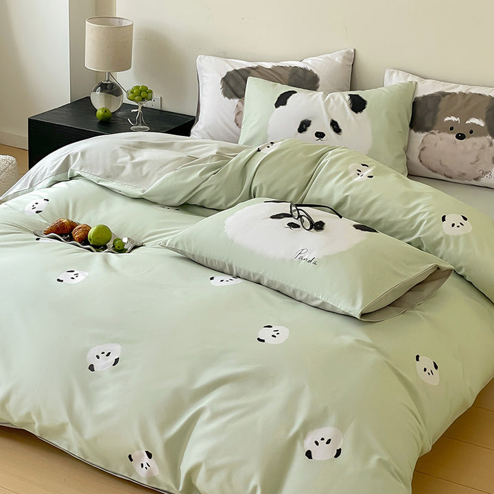 Reversible bedding set made of cotton percale with cute bunny motif and fine satin look