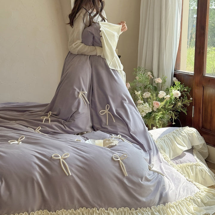 Romantic Frilled-Edge Bow-Appliqué Velvet-Effect Duvet Cover Set