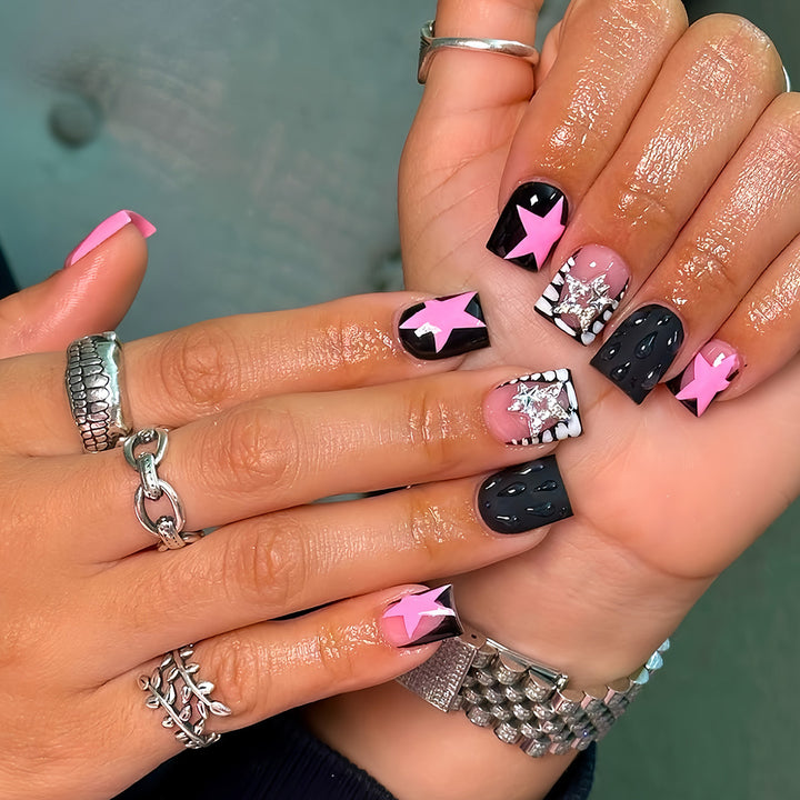 Artistic Press-On Nail Set with Star and Gem Accents Stornfield