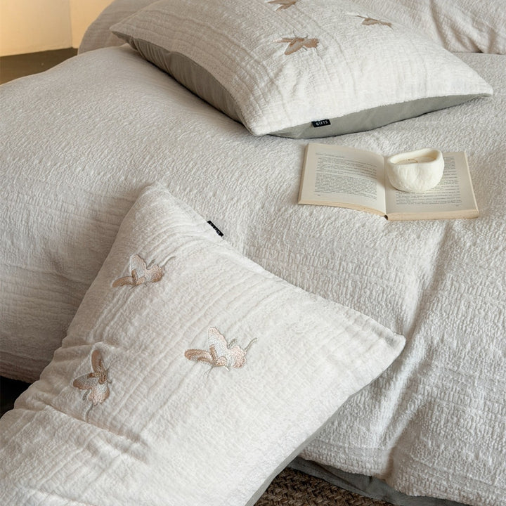 Washed Cotton-Linen Textured Duvet Cover Set with Subtle Embroidered Motif