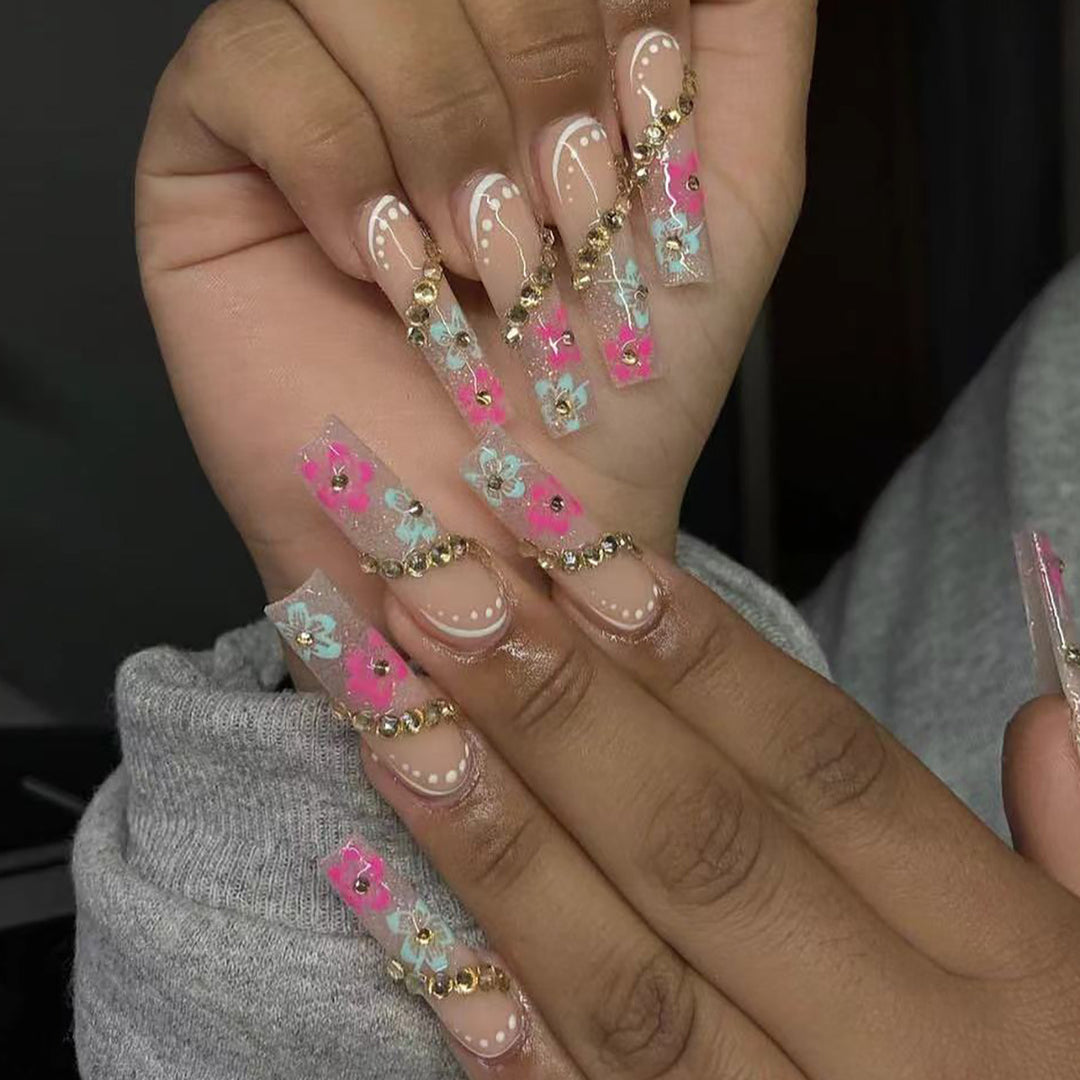 Floral Design Press-On Nails with Decorative Gem Accents Stornfield