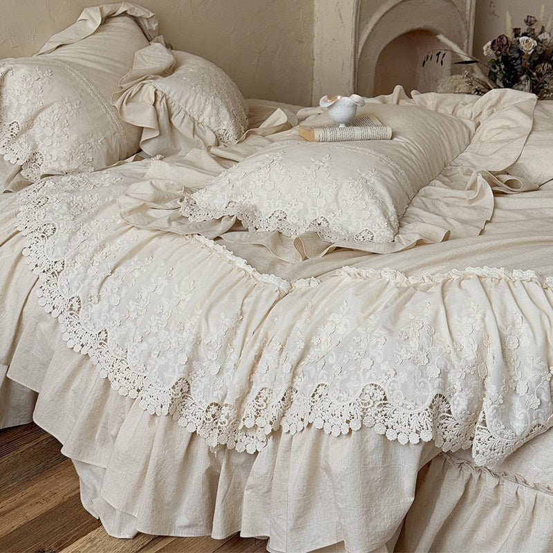 Romantic Ruffled Cotton-Linen Duvet Cover Set with Layered Lace Appliqué