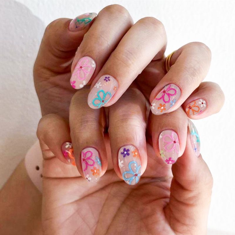 Acrylic nail set with colorful flower designs Stornfield