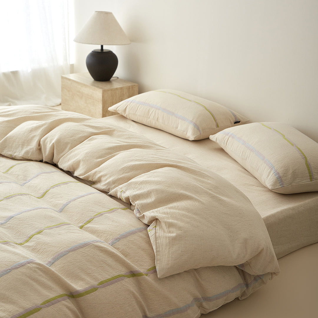 Stonewashed Cotton Linen-Blend Duvet Cover Set with Pastel Stripe Detail