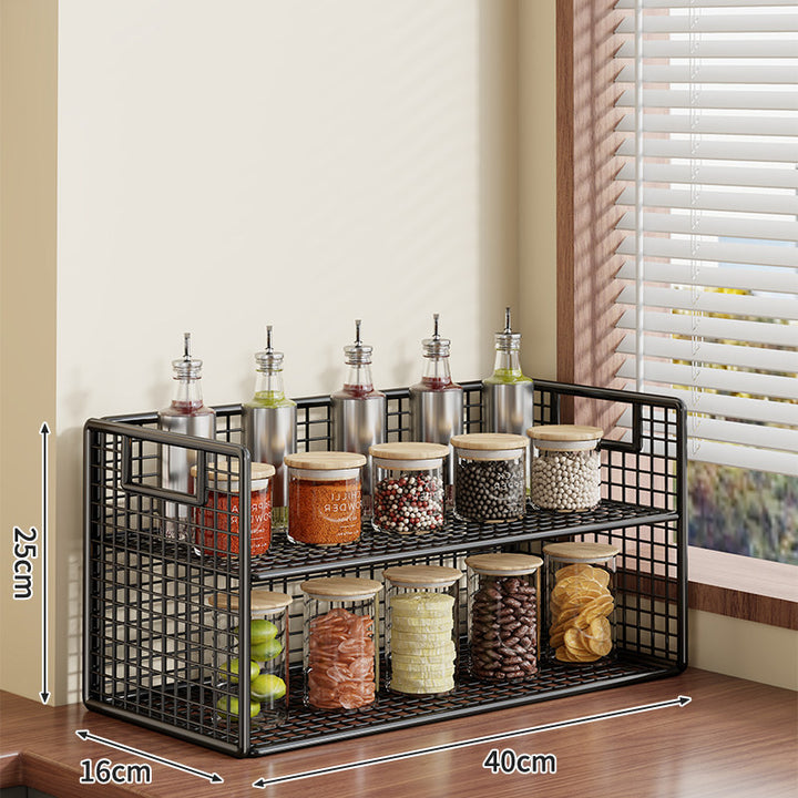Compact Two-Tier Metal Grid Countertop Spice and Pantry Jar Organizer