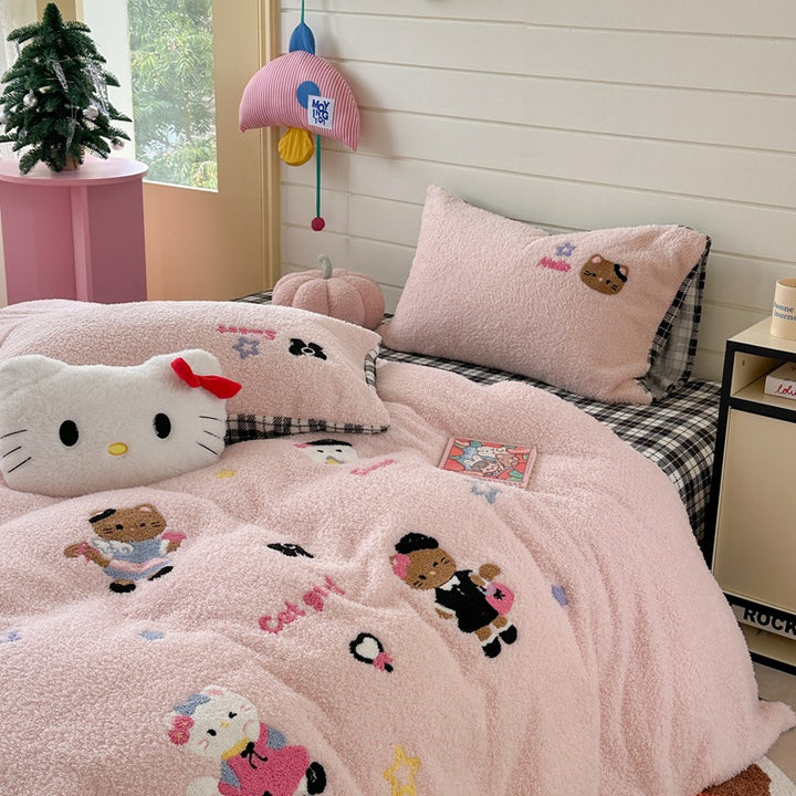 Plush Sherpa Embroidered Penguin Reversible Comforter Set with Pillow Shams and Decorative Cushion