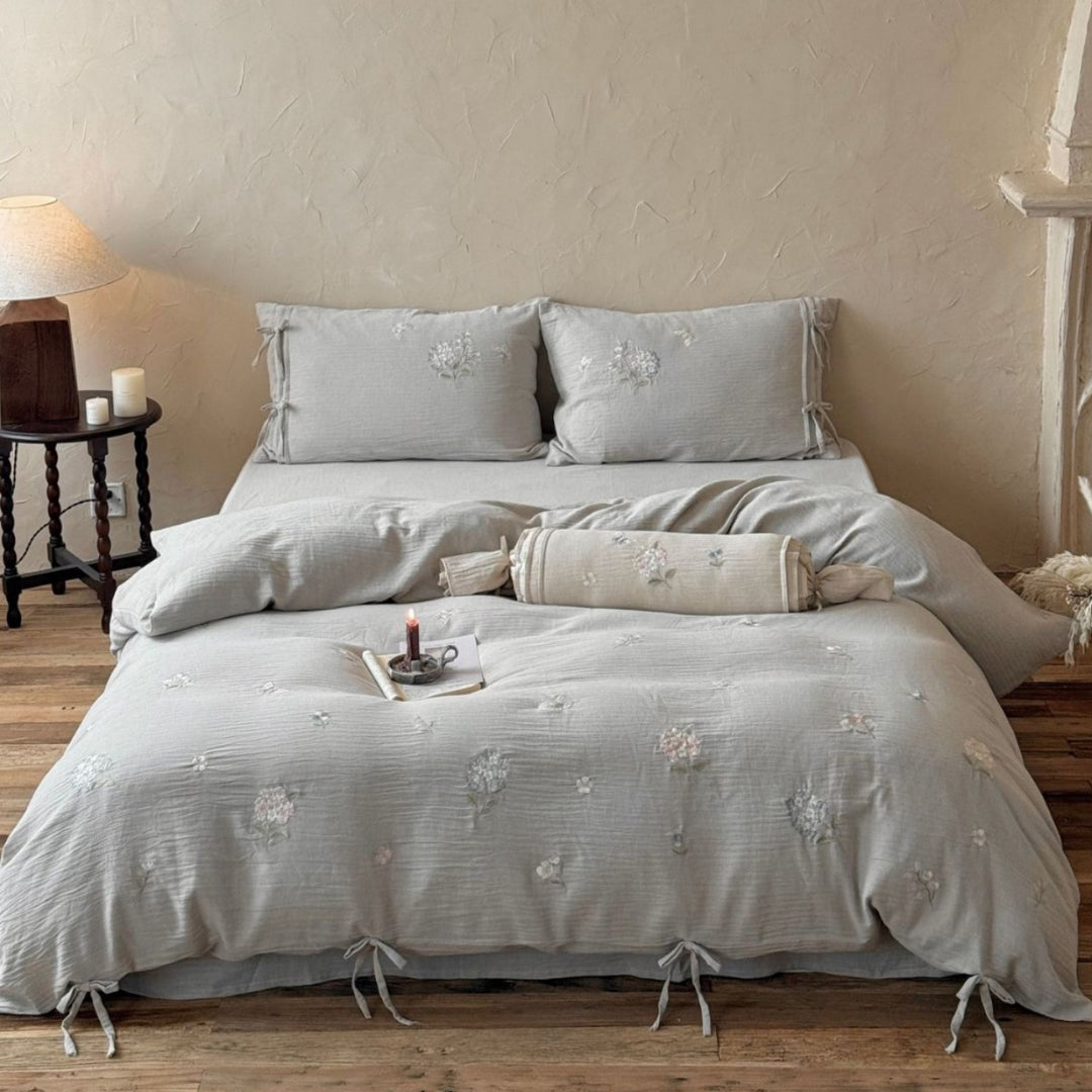 Embroidered Cotton-Linen Duvet Cover Set with Tied Corners & Bolster Pillow