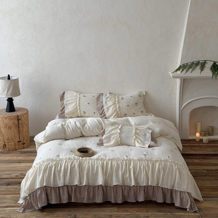 Ruffled Cotton Duvet Cover Set with Embroidered Floral Motif and Gingham Bed Skirt