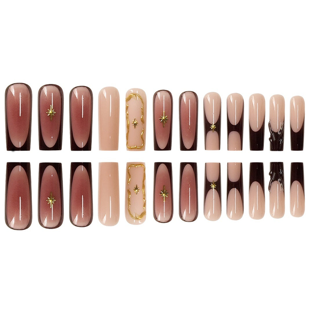 Artistic Long Press-On Nail Art Extensions with Gold Detailing Stornfield