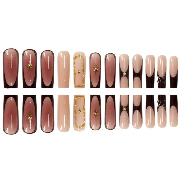 Artistic Long Press-On Nail Art Extensions with Gold Detailing Stornfield