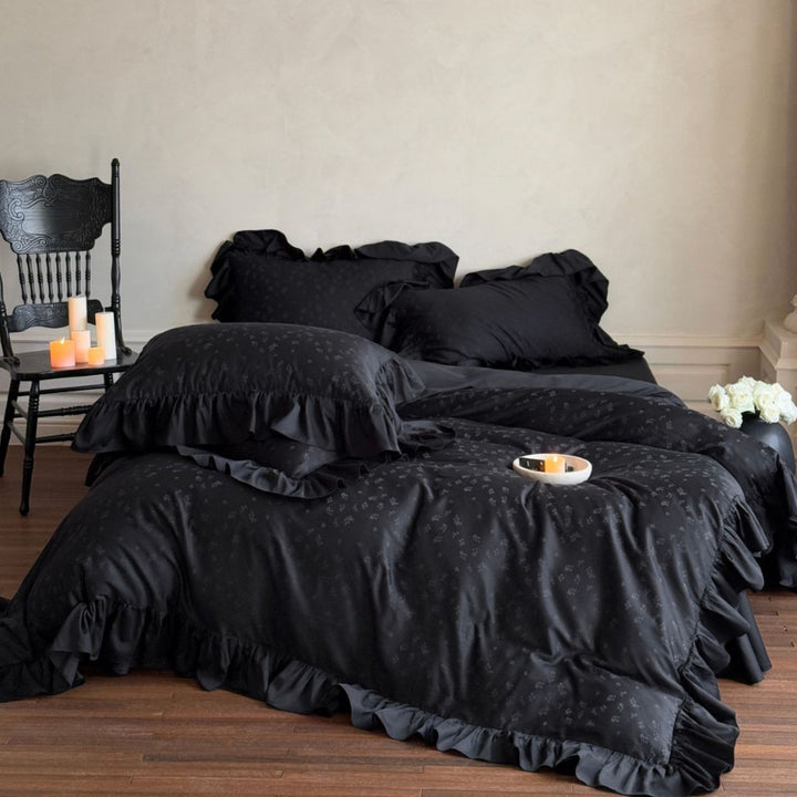 Frilled Jacquard Microfloral Duvet Cover Set with Ruffled Hem and Envelope Shams