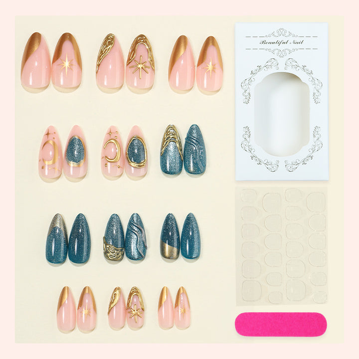 Artistic Press-On Nail Art Set with Gold Accents Stornfield
