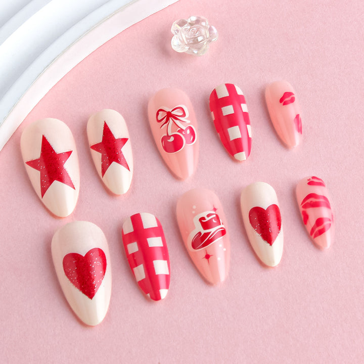 Artistic Press-On Nail Art Set with Heart and Star Designs Stornfield